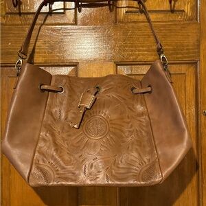 Brown Leather Shoulder Bag with Textured Design